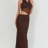 Playing Games Cut-Out Cowl Halter Dress Chocolate