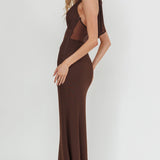 Playing Games Cut-Out Cowl Halter Dress Chocolate