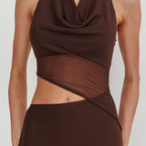 Playing Games Cut-Out Cowl Halter Dress Chocolate