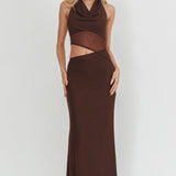 Playing Games Cut-Out Cowl Halter Dress Chocolate