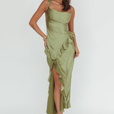 Sunshine Eternity Asymmetric Neckline Ruffle Maxi Dress Olive