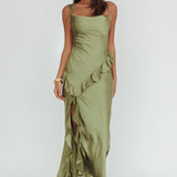 Sunshine Eternity Asymmetric Neckline Ruffle Maxi Dress Olive