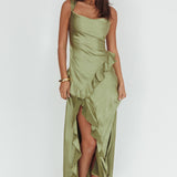 Sunshine Eternity Asymmetric Neckline Ruffle Maxi Dress Olive
