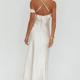 Lexington Draped Shoulder Criss-Cross Back Maxi Dress Oyster