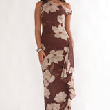 Raphaella Asymmetric Neckline Split Maxi Dress Magnolia Brown