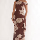 Raphaella Asymmetric Neckline Split Maxi Dress Magnolia Brown