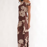 Raphaella Asymmetric Neckline Split Maxi Dress Magnolia Brown