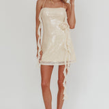 Standing Out Ruffle Rosette Trim Sequin Mini Dress Champagne