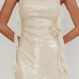 Standing Out Ruffle Rosette Trim Sequin Mini Dress Champagne