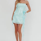 Standing Out Ruffle Rosette Trim Sequin Mini Dress Mint