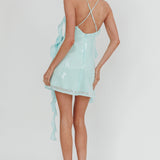 Standing Out Ruffle Rosette Trim Sequin Mini Dress Mint