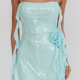 Standing Out Ruffle Rosette Trim Sequin Mini Dress Mint