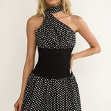 Kalianna Ruched Waist Scarf Mini Dress Polka Dot Black