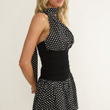Kalianna Ruched Waist Scarf Mini Dress Polka Dot Black