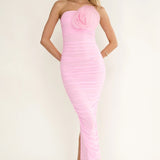 She Just Knows Ruched Flower Bust Maxi Dress Pink
