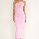 She Just Knows Ruched Flower Bust Maxi Dress Pink