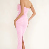 She Just Knows Ruched Flower Bust Maxi Dress Pink