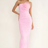 She Just Knows Ruched Flower Bust Maxi Dress Pink