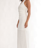 Evenings Asymmetric Halter Maxi Dress White