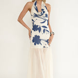 Omaria Cowl Halter Maxi Dress Floral Beige