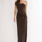 Klaudia Strapless Ruched Waist Maxi Dress Chocolate