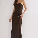 Klaudia Strapless Ruched Waist Maxi Dress Chocolate