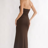 Klaudia Strapless Ruched Waist Maxi Dress Chocolate