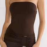 Klaudia Strapless Ruched Waist Maxi Dress Chocolate