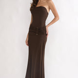 Klaudia Strapless Ruched Waist Maxi Dress Chocolate