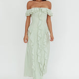 Scarlet Off-Shoulder Ruffle Trim Maxi Dress Sage