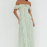 Scarlet Off-Shoulder Ruffle Trim Maxi Dress Sage