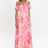Scarlet Off-Shoulder Ruffle Trim Maxi Dress Print Pink