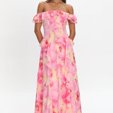 Scarlet Off-Shoulder Ruffle Trim Maxi Dress Print Pink