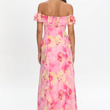 Scarlet Off-Shoulder Ruffle Trim Maxi Dress Print Pink