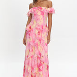 Scarlet Off-Shoulder Ruffle Trim Maxi Dress Print Pink