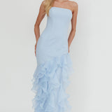 Kioto Strapless Organza Trim Maxi Dress Blue