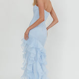 Kioto Strapless Organza Trim Maxi Dress Blue