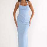 Rovelle Halterneck Pleat Waist Maxi Dress Sky Blue