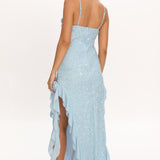 Sky's The Limit Ruffle Maxi Dress Sequin Blue