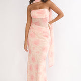 Unforgettable Day Drape Waist Strapless Maxi Dress Roses Floral