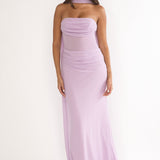 Unforgettable Day Drape Waist Strapless Maxi Dress Lilac