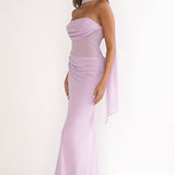 Unforgettable Day Drape Waist Strapless Maxi Dress Lilac