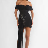 Dahlisse Off-Shoulder Sash Mini Dress Black