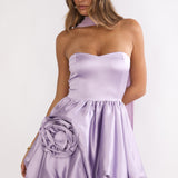 Lilianne Rosette Bubble Hem Mini Dress Lilac