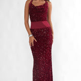 Cabernet Halter Maxi Dress Sequin Wine