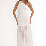 Angel Eye One Shoulder Maxi Dress Embellished White