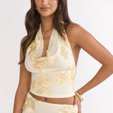 Golden Hours Cowl Halter Top Embellished Yellow