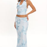 Golden Hours Cowl Halter Top Embellished Light Blue