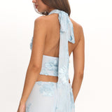 Golden Hours Cowl Halter Top Embellished Light Blue