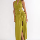 Nightbloom Ruched Waist Halter Maxi Dress Olive